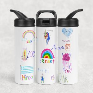 Personalisierte Thermoflasche mit Kinderzeichnung als Abschiedsgeschenk für die Lehrerin von der Klasse.